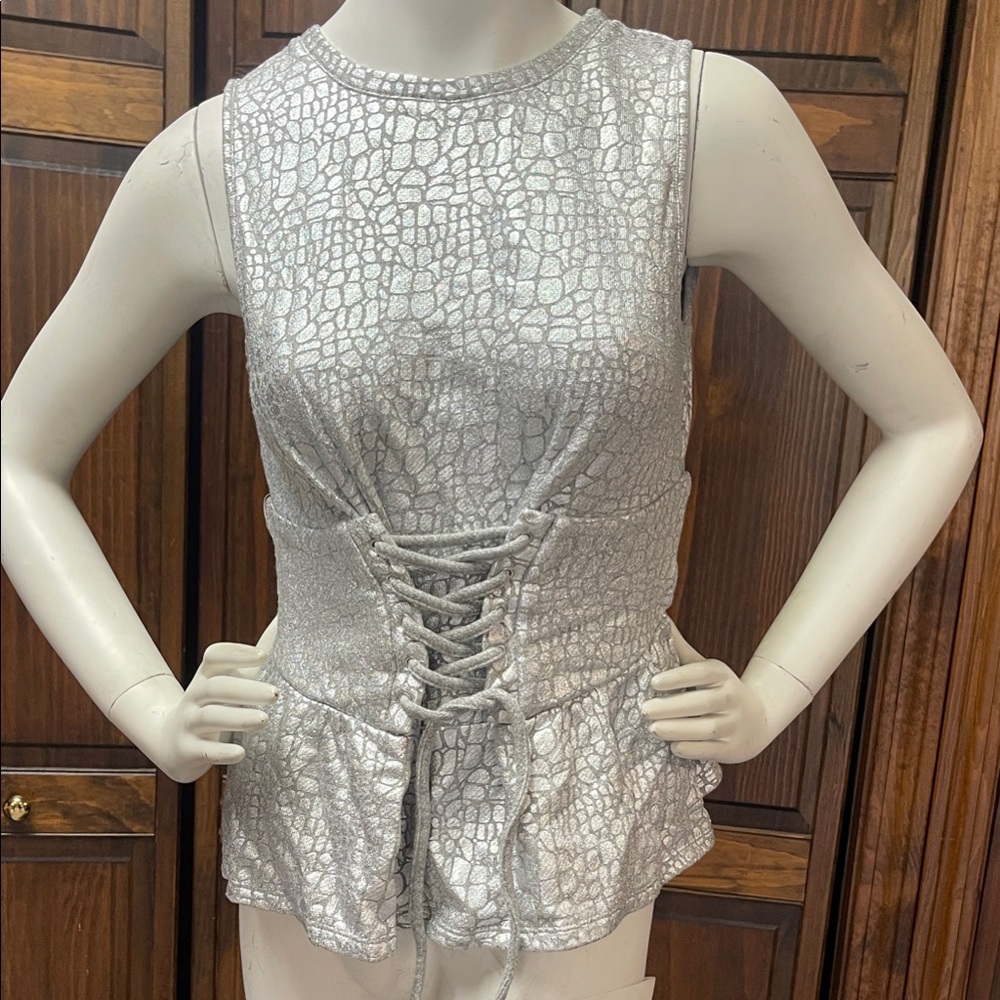 Snake Print Metallic Silver Lace-Up Sleeveless Top